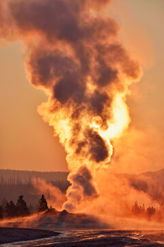 USA, Wyoming, Yellowstone National Park, Upper Geyser Basin, Old Faithful Geyser steaming at sunrise