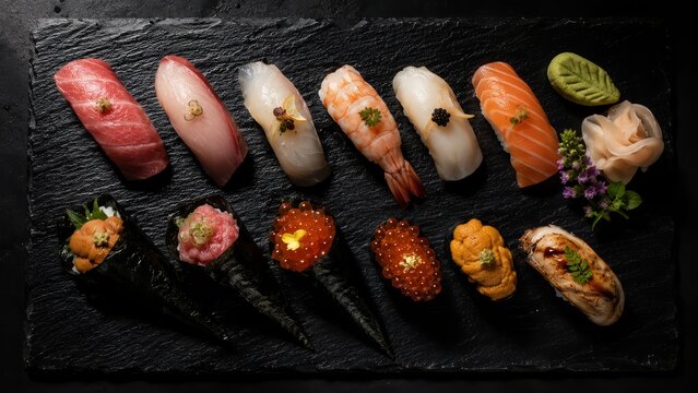 Assorted gourmet sushi platter featuring fresh nigiri and hand rolls arranged artfully on a dark slate board for an elegant japanese fine dining experience