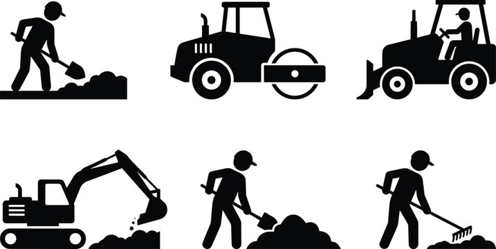 Construction and road work black icons set with laborers excavator steamroller bulldozer and digging shovel