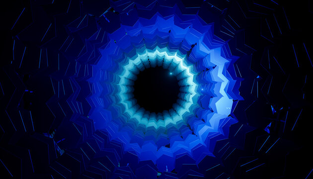 Abstract blue 3d render of a glowing radial geometric tunnel