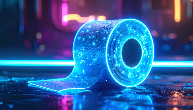Futuristic Glowing Toilet Paper Roll in Neon Cyberpunk Environment.