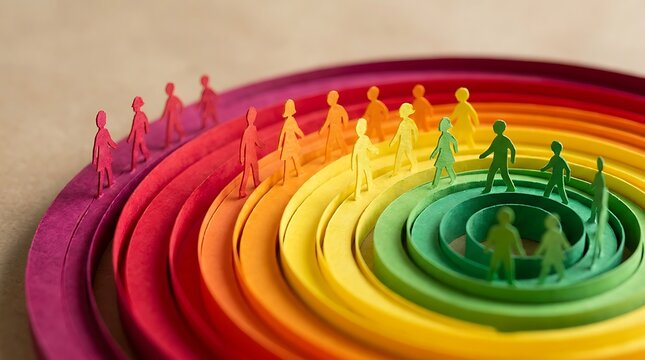 Paper people figures walking in a colorful rainbow layered background conceptualizing progress, journey, connection, diversity, and community moving forward together.