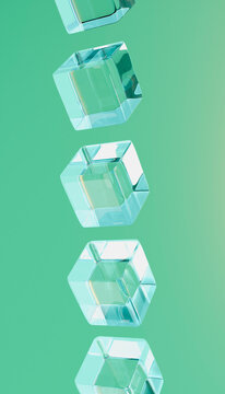 Transparent crystal cubes floating on a green background