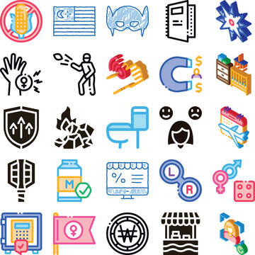 Set of assorted isometric concept icons illustrating themes like nutrition. Finance. Gender identity. Security. Retail. And travel. All rendered in a clean. Modern design style for broad applicability
