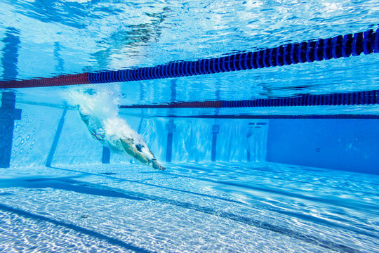 Underwater view of swimmer diving into swimming pool