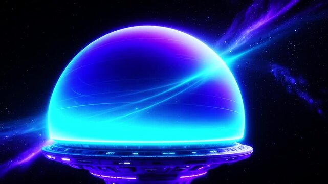 Large space colony dome as smooth glowing structure in cyan and purple, rotating against cosmic starfield, space colonization concept