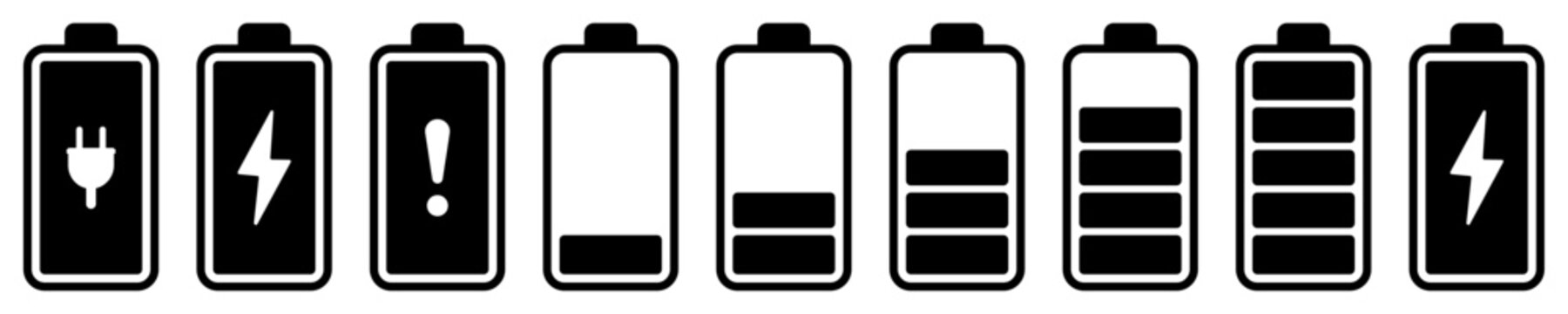 Minimal black battery status icon set with charging, plug, lightning, warning, empty, low, medium, full, and power indicators. Perfect for mobile apps, website, dashboard, software, and vector design.