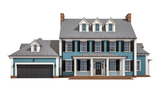 Blue two-story colonial house with attached garage and dormer windows