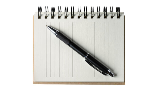 Black ballpoint pen resting on a spiral-bound lined notebook