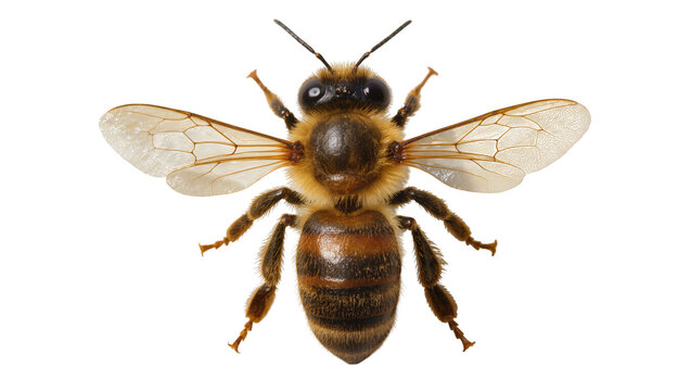 Honey bee with spread wings full body view, top down perspective
