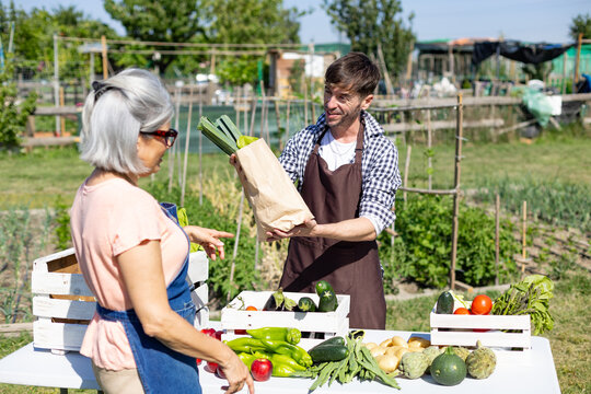 Farmer selling fresh leeks to customer at market stand