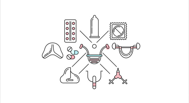Set of contraceptive methods and birth control options in line art style.
