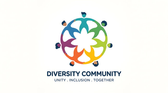 Diversity community logo showing colorful people silhouettes holding hands in circle form.