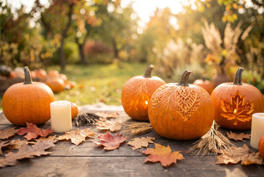 Carved pumpkins with autumn leaves on a wooden table outdoors.