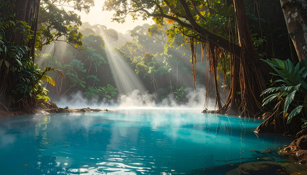 Magical Blue Lagoon in Lush Tropical Rainforest with Sunbeams.