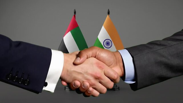 Corporate Diplomacy and Global Trade Agreement Represented by UAE and India Delegates Shaking Hands with Flags Behind