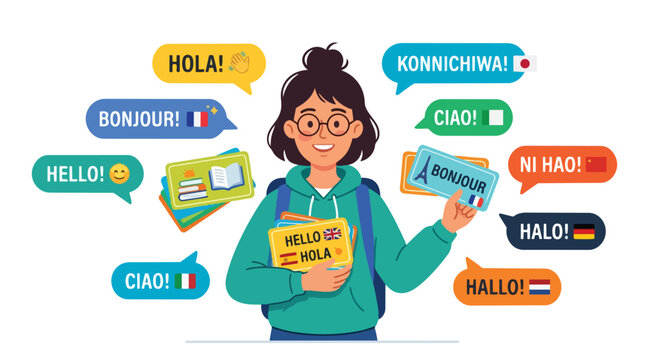 Young student girl holding travel tickets with multi language speech bubbles.