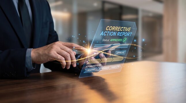 Corrective Action Report Approval with Professional Hands Using Holographic Workflow Interface in Luxury Corporate Office, Digital Compliance Management, Process Improvement, and Quality Assurance