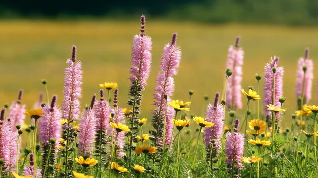 pink flower buds blooming time lapse on a scenic sunny meadow with serene and peaceful atmosphere and wide-angle shot featuring natural grass and yellow dandelions.