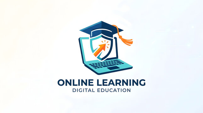 Online learning logo with graduation cap and shield on laptop screen digital education icon.