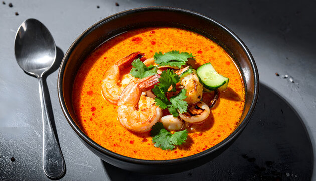 Delicious Tom Yum Goong Soup with Shrimp and Herbs.