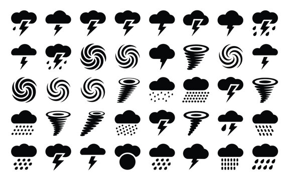 Professional vector illustration of weather symbols including storms rain and cyclones.