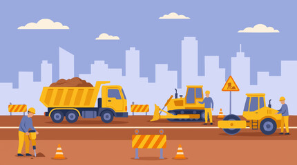 Construction site with heavy machinery, workers, and city skyline © Siamart