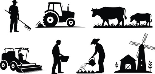 Agriculture silhouette icons of farming life with tractor, cows, barn, windmill, farmer tools, watering plants, and harvesting combine machine © Arif Creatives