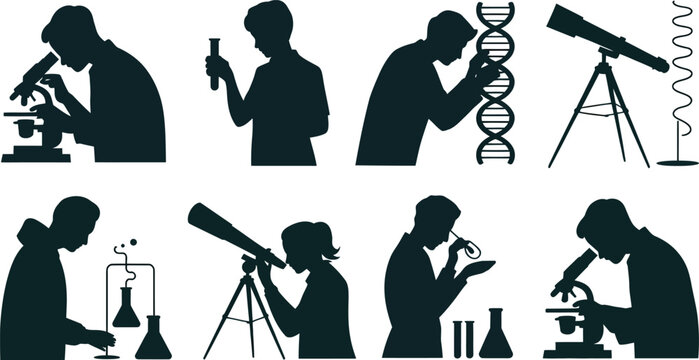 Black silhouette icons of scientists using microscope, test tube, DNA model, telescope, petri dish representing biology chemistry physics astronomy research vector