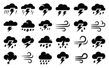 Fototapeta premium Black weather forecast icons cloud with lightning thunderbolt rain and wind flat style.