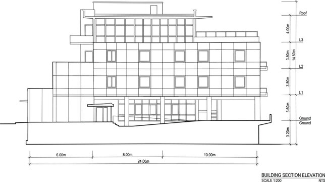 Architectural blueprint building section elevation drawing of modern commercial multistory office property with detailed technical measurements dimensions