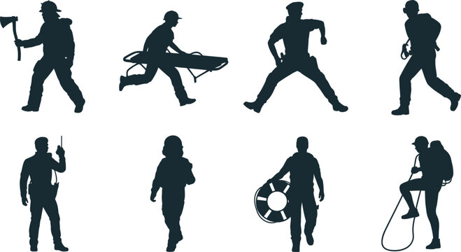 Emergency service worker silhouettes of firefighters, police, rescue, paramedics in action poses with equipment teamwork vector illustration design