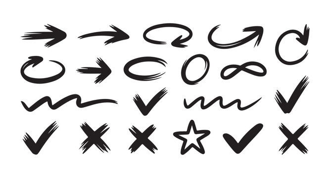 Hand drawn doodle arrow and check mark collection for presentation design and digital web content.