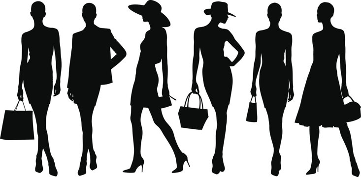 Fashion model silhouettes with stylish clothing, handbags, shopping bags, wide‑brim hats, elegant accessories, trendy poses, modern vector illustration design
