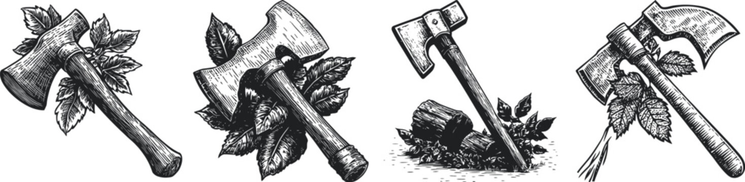 A collection of vintage-style illustrations featuring different types of axes surrounded by leaves and logs. 