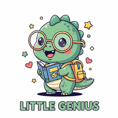 Cute Little Genius Dinosaur Reading Book With Glasses Back To School Cartoon Illustration © bima