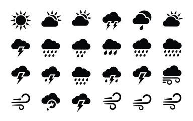 Fototapeta premium Weather forecast icon set with sun, cloud, lightning, rain, and wind for various conditions.