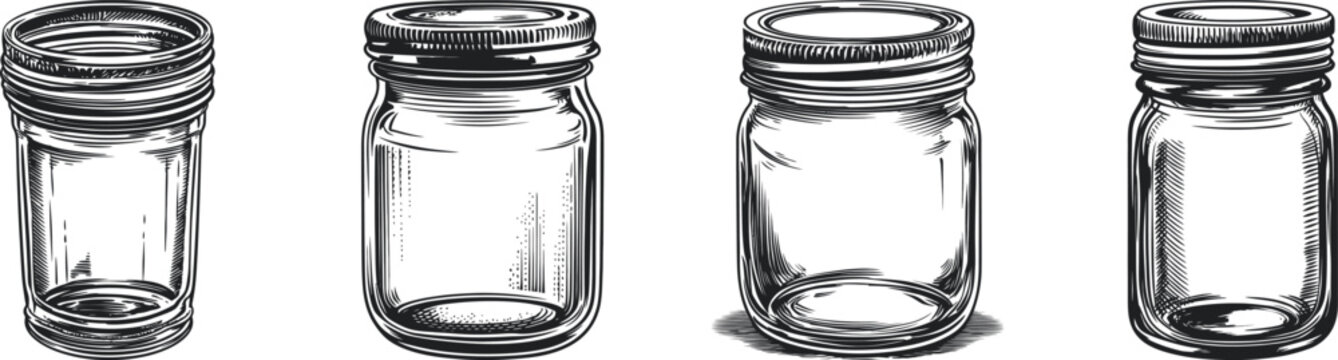 A detailed illustration showcasing four different types of empty glass jars in a vintage style. 
