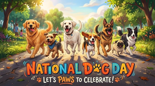 A vibrant group of happy dogs joyfully running along a park path to celebrate National Dog Day