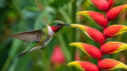 Fototapeta premium Ruby throated hummingbird hovering to feed on a vibrant red and yellow heliconia flower in a lush tropical garden setting with soft natural background blur