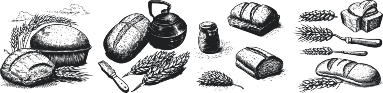 A detailed sketch of various baked goods, baking tools, and ingredients including bread, wheat stalks, flour, and utensils, ideal for bakery or culinary themes.