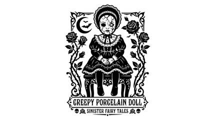 Fototapeta premium Creepy porcelain doll illustration with roses and moon.