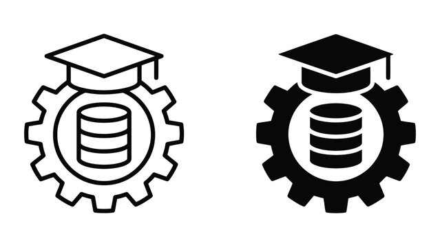 Data management education icon set featuring academic mortarboard cap with server data stacks and mechanical gear for professional development in information technology and data science