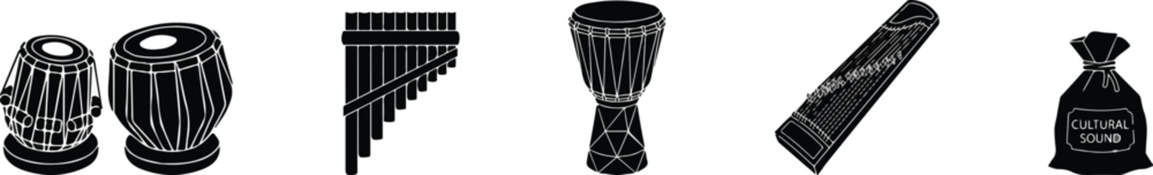 Traditional ethnic musical instruments silhouettes set, folk percussion and wind instruments vector icons.