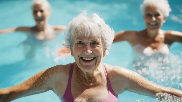 Elderly women participate in water aerobics while smiling and enjoying their time in the pool with friends