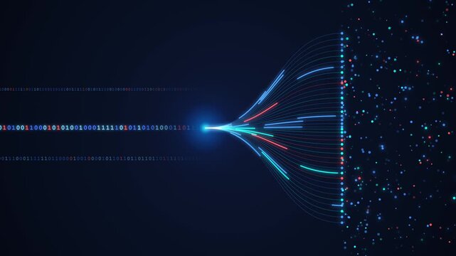 Digital data stream flowing into abstract particles network