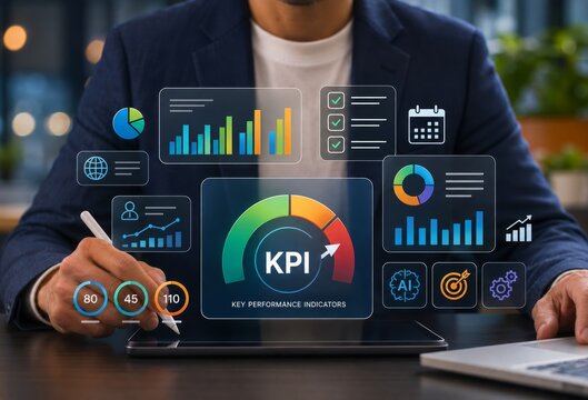 Professional KPI Dashboard on Tablet Displaying Business Performance Charts, AI Data Analytics, Key Metrics Tracking and Strategic Planning for Office Management