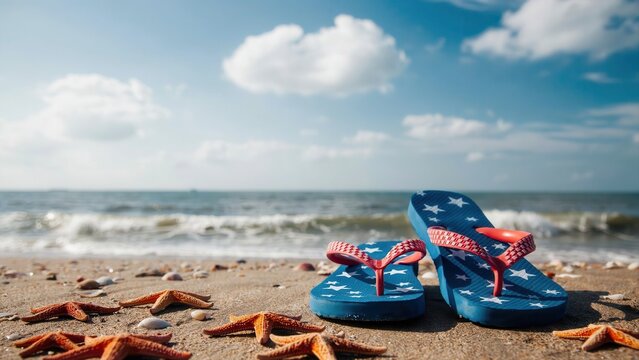 Blue flip-flops with starfish and seashells on a sandy beach with ocean background.