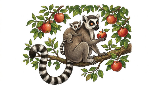 Ring tailed lemur mother and baby near apple tree illustration isolated on white background
