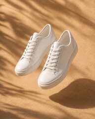 Naklejka premium A pair of pristine white leather sneakers floating above a textured sandy surface with dappled leaf shadows.